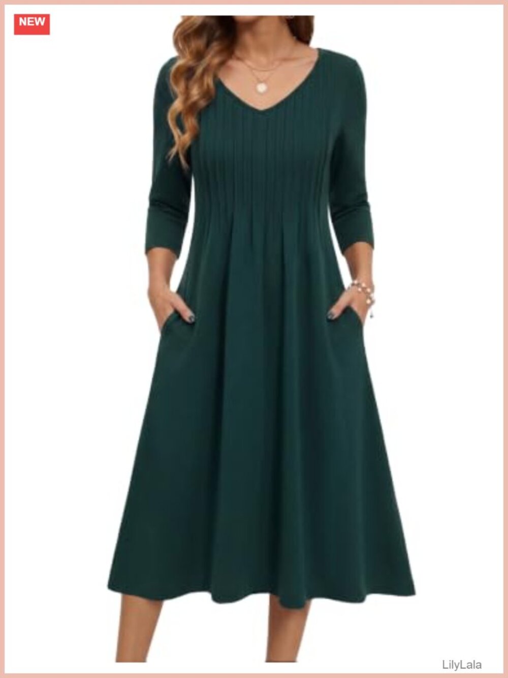 Women's Pleated Midi Dress 3/4 Sleeve V-Neck A-Line Casual